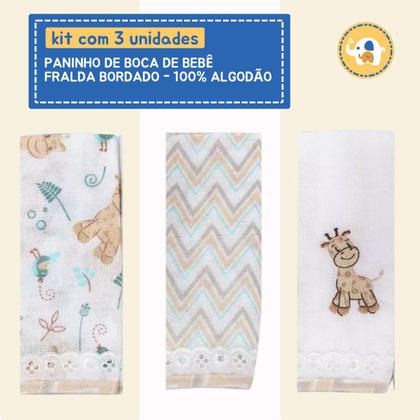 Imagem de Paninho de Boca Bebe Fralda Bordado 32cmx32cm Kit 3 unidades 100% Algodão Toalhinha Macia e Absorvente Neutra