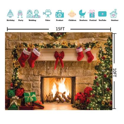 Imagem de Pano de fundo fotográfico CYLYH Christmas 4.5x3m Lareira infantil