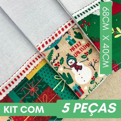 Imagem de Pano De Prato Barrado Tricoline Estampa De Natal KIt C/ 5 Un