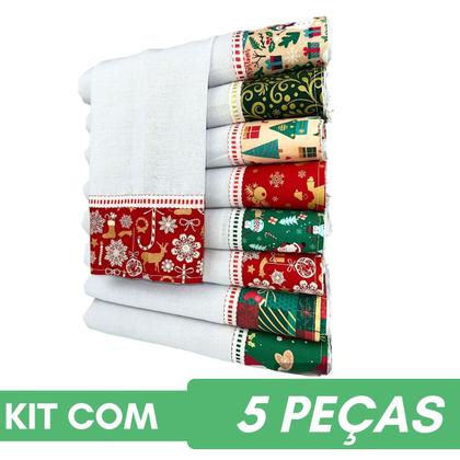 Imagem de Pano De Prato Barrado Tricoline Estampa De Natal KIt C/ 5 Un