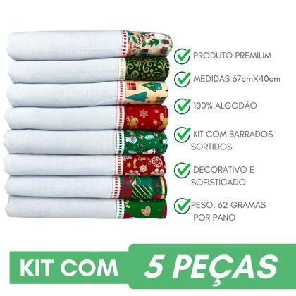 Imagem de Pano De Prato Barrado Tricoline Estampa De Natal KIt C/ 5 Un
