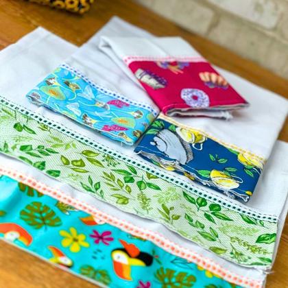 Imagem de Pano De Prato Barrado Tricoline Estampa sortidas Kit C/ 10