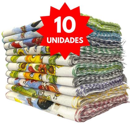 Imagem de Pano De Prato Basico Overloque Estampas sortidas Kit C/10 Un Cozinha Louça Casa DIa a DIa