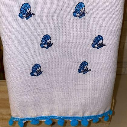 Imagem de Pano de Prato Branco Copa Master Bordado Borboleta Azul com Pompom Azul