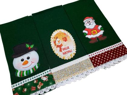 Imagem de Pano de Prato NATAL VERDE Bordado Patchwork Revenda Kit 5 unidades