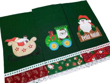 Imagem de Pano de Prato NATAL VERDE Bordado Patchwork Revenda Kit 5 unidades