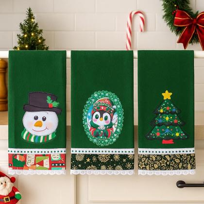 Imagem de Pano de Prato NATAL VERDE Bordado Patchwork Revenda Kit 5 unidades