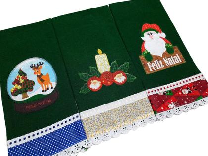 Imagem de Pano de Prato NATAL VERDE Bordado Patchwork Revenda Kit 5 unidades