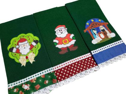Imagem de Pano de Prato NATAL VERDE Bordado Patchwork Revenda Kit 5 unidades