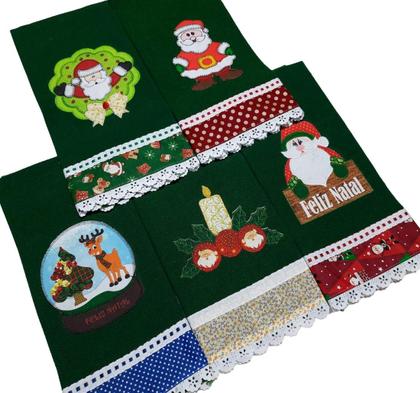 Imagem de Pano de Prato NATAL VERDE Bordado Patchwork Revenda Kit 5 unidades