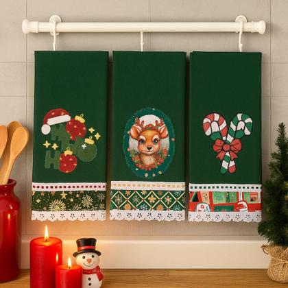 Imagem de Pano de Prato NATAL VERDE Bordado Patchwork Revenda Kit 5 unidades