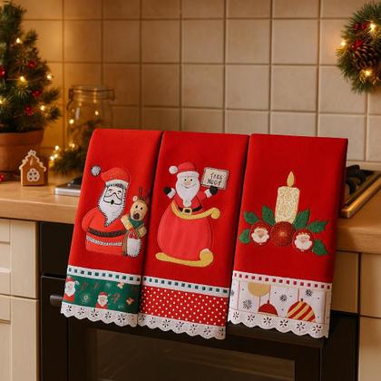 Imagem de Pano de Prato NATAL VERMELHO Bordado Patchwork Revenda Kit 10 unidades