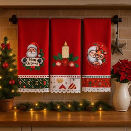 Imagem de Pano de Prato NATAL VERMELHO Bordado Patchwork Revenda Kit 10 unidades