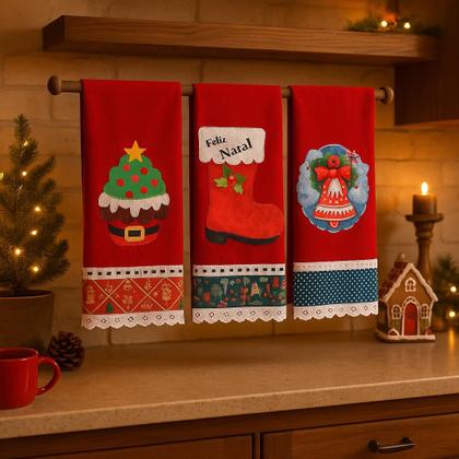 Imagem de Pano de Prato NATAL VERMELHO Bordado Patchwork Revenda Kit 10 unidades