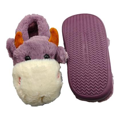 Imagem de Pantufa 3d Vaca infantil Solado De Borracha Bichinho Vaquinha Pelúcia Inverno 1 par
