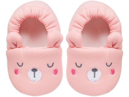 Imagem de Pantufa Infantil de Algodão Sapatilha Urso Rosa Antiderrapante