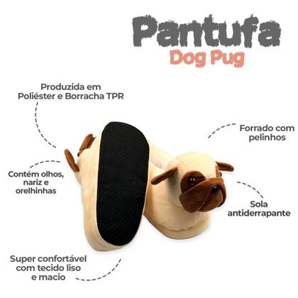 Imagem de Pantufas de Cachorro Pug 3D Tamanho Único