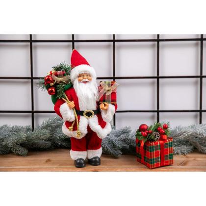 Imagem de Papai Noel com Presente Xadrez Vermelho e Branco de 30cm como Enfeite de Natal