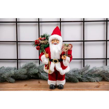 Imagem de Papai Noel com Presente Xadrez Vermelho e Branco de 30cm como Enfeite de Natal