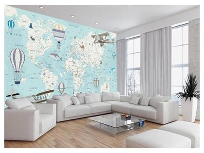 Imagem de Papel De Parede 3D Mapa Mundi Kids Avião Balão 3,5M Nmu89