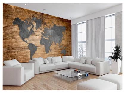 Imagem de Papel De Parede 3D Mapa Mundi Madeira Concreto 3,5M Nmu23