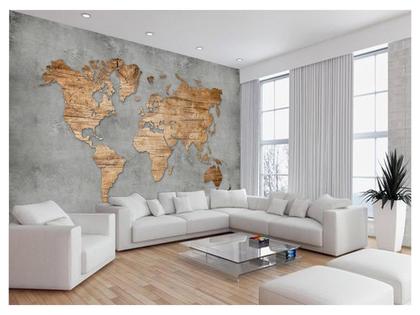 Imagem de Papel De Parede 3D Mapa Mundi Madeira Concreto 3,5M Nmu31
