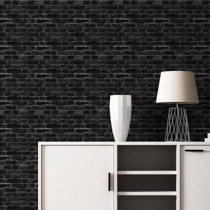 Imagem de Papel De Parede Adesivo 3d Tijolo Preto Rústico Rolo 3m