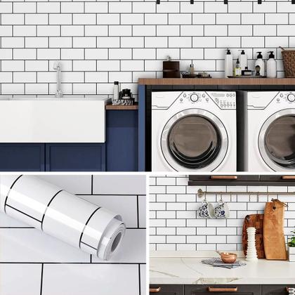 Imagem de Papel de Parede Adesivo Cozinha Resistente a Alta Temperatura Azulejo Metro White