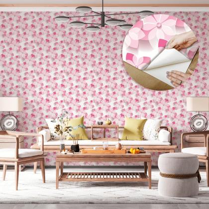 Imagem de Papel De Parede Adesivo Lavável Sala Menina Rosa Efeito 3D Floral Quarto Sala