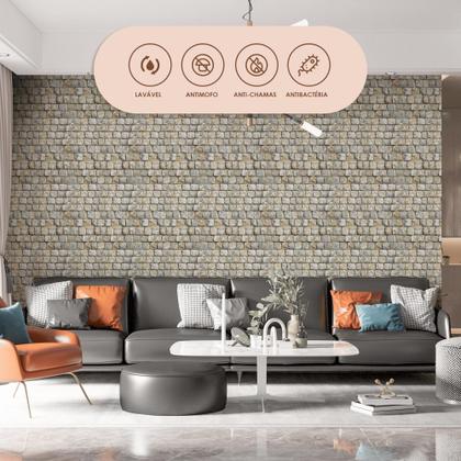 Imagem de Papel De Parede Adesivo Lavável Sala Pedras Realista Rústico Efeito 3D