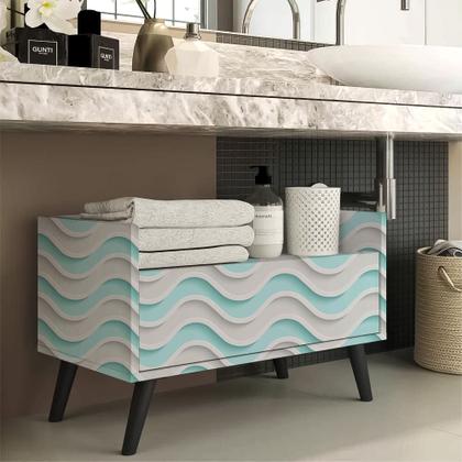 Imagem de Papel de Parede Adesivo Linha Ondulada Ondulação Branco e Azul Efeito 3D  Moderno Quarto Sala de Estar
