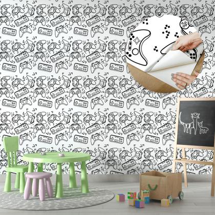Imagem de Papel de Parede Adesivo Videogame Controle Gamer Joystick Teen Juvenil Infantil Jogos Preto e Branco