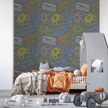 Imagem de Papel de Parede Autoadesivo Vinílico Reforma Vídeo Game Quarto Menino Jovem Controle Joystick Infantil