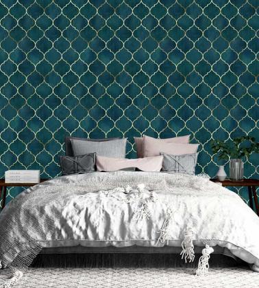 Imagem de Papel De parede clássico Marraskesh Para Quartos E Sala Em Tons De Azul turquesa E Gold