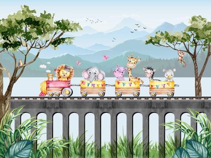 Imagem de Papel de Parede Foto Mural Adesivo Infantil Tema Trenzinho Safari Autocolante 300x450cm