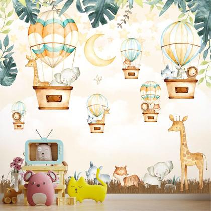 Imagem de Papel de Parede Foto Mural Adesivo Safari Baby Aquarela com Balões Autocolante 150x250cm