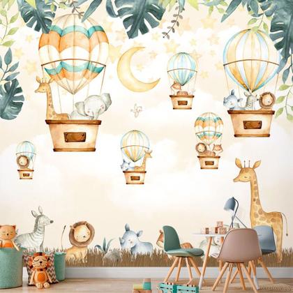 Imagem de Papel de Parede Foto Mural Adesivo Safari Baby Aquarela com Balões Autocolante 250x350cm