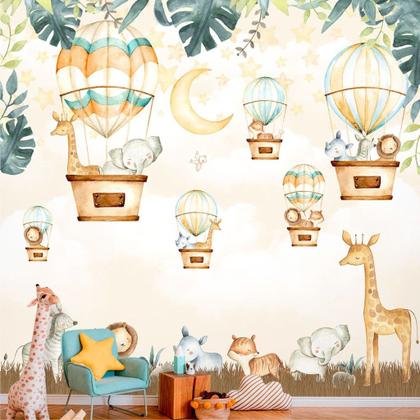 Imagem de Papel de Parede Foto Mural Adesivo Safari Baby Aquarela com Balões Autocolante 250x350cm