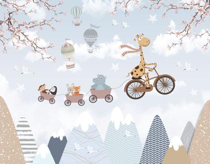 Imagem de Papel de Parede Foto Mural Infantil Zoo Girafa em Bicicleta e Balões para Sala Quarto Autocolante 300x450cm