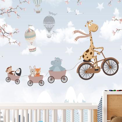 Imagem de Papel de Parede Foto Mural Infantil Zoo Girafa em Bicicleta e Balões para Sala Quarto Autocolante 300x450cm