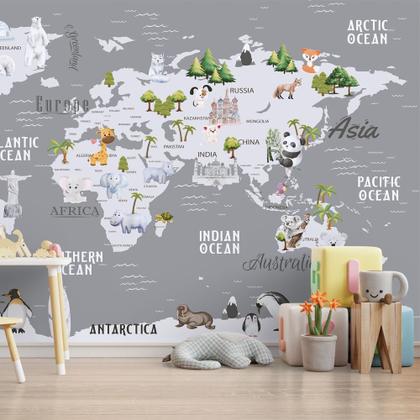 Imagem de Papel de Parede Foto Mural Mapa Mundi Infantil com Animais Autocolante  100x100cm
