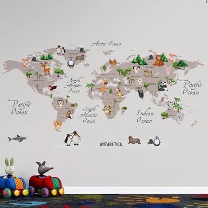 Imagem de Papel De Parede Infantil De Mapa Mundi Claro Com Animais