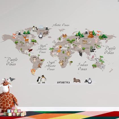Imagem de Papel De Parede Infantil De Mapa Mundi Claro Com Animais