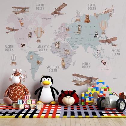 Imagem de Papel De Parede Infantil De Mapa Mundi Em Tons Pasteis