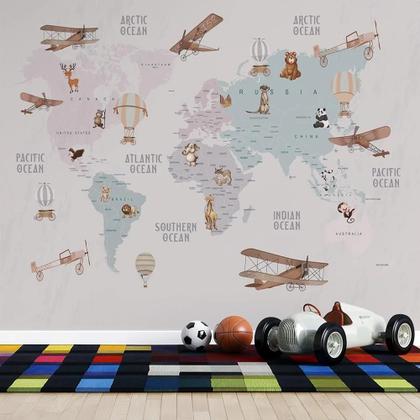 Imagem de Papel De Parede Infantil De Mapa Mundi Em Tons Pasteis
