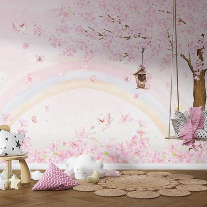 Imagem de Papel de Parede infantil Jardim encantado Arvore e Arcoíris