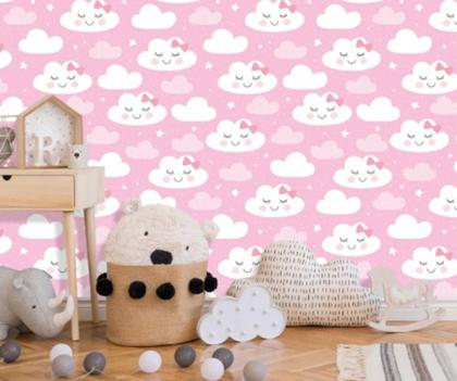 Imagem de Papel De Parede Infantil Rosa Nuvens Lacinhos Quarto Menina Bebe