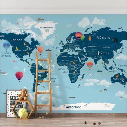 Imagem de Papel de Parede Mapa Mundi Infantil de Balões  tons de azul