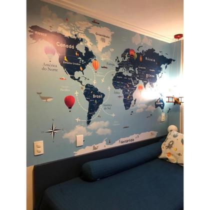 Imagem de Papel de Parede Mapa Mundi Infantil de Balões  tons de azul