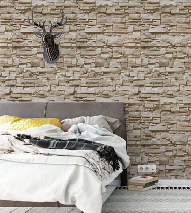 Imagem de Papel de Parede para Quarto e Sala Pedras Canjiquinha e Pedras Palito em Tons de Cinza e Bege 10 Metros